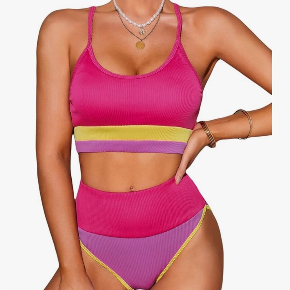 NWOT Herseas 2 Piece High Waisted Bikini Set Color Block Striped Swimsuit Small